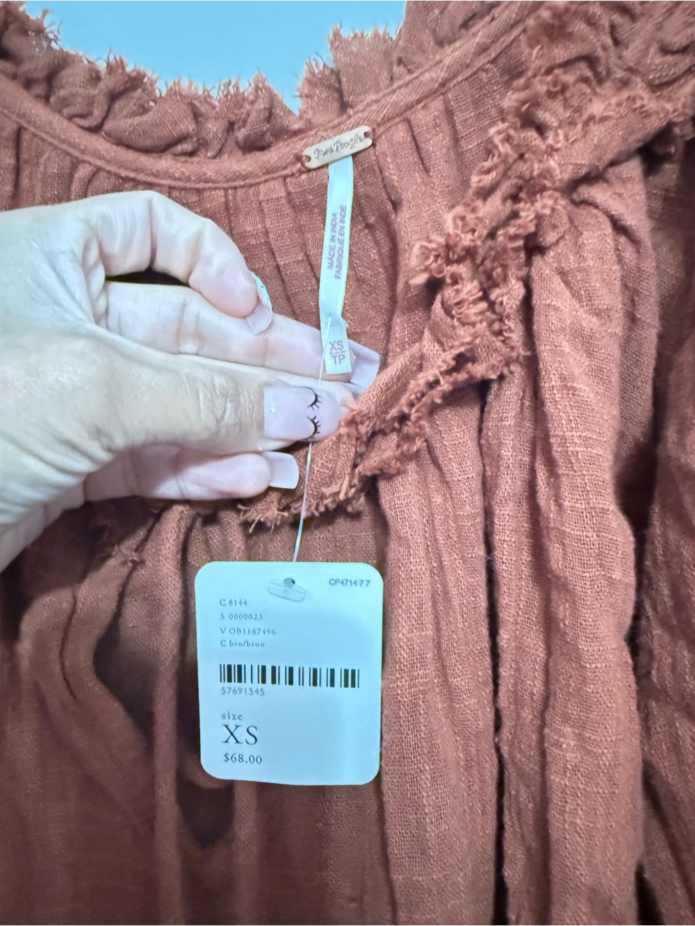 Free People Burnt Orange Ruffled Boho Tunic with Tassel Tie - Picture 5 of 6